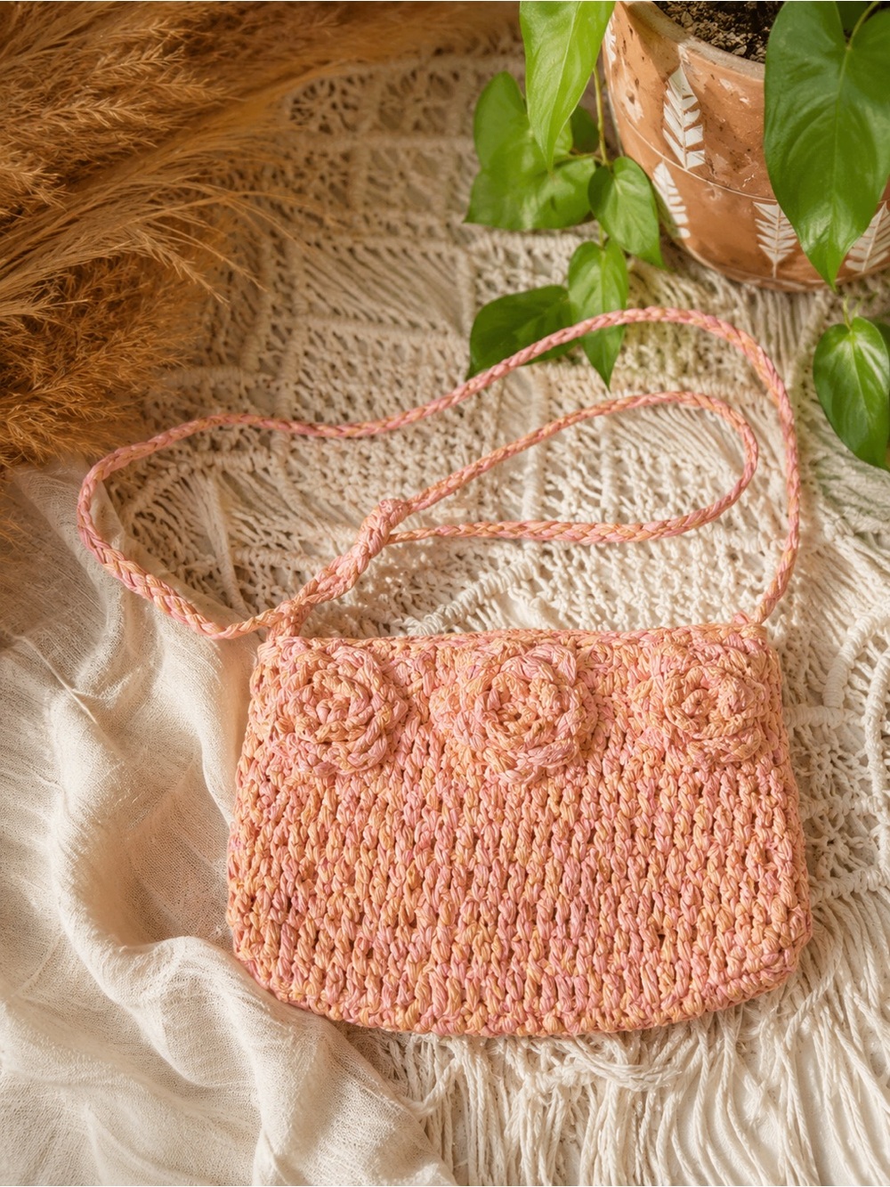 Cappelli Straworld Boho Woven Crossbody Bag Floral Rosette